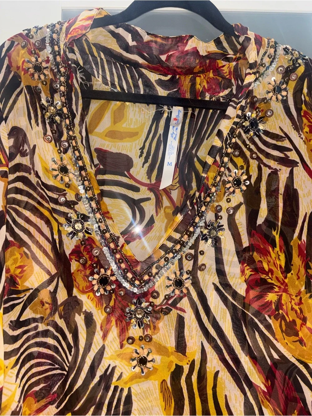 Ocean Breeze Beaded Sheer Swim Cover Up Tunic Boho Top Medium